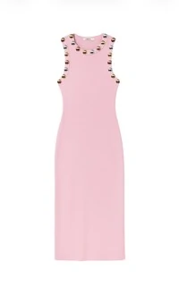 Vestido Midi Canela Rosa Detalhe Tachas