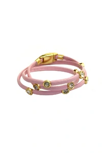 Pulseira Couro Rosa Cristais