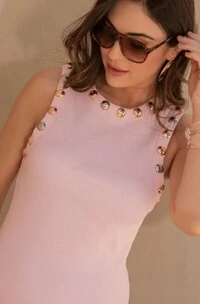 Vestido Midi Canela Azul Detalhe Tachas