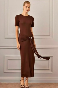 Vestido Midi Jersey Rayon Marrom