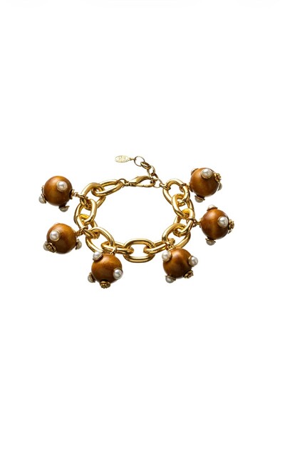 Foto Pulseira Elos Bolas Madeira com Pérolas