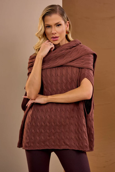 Foto Poncho Trança Cachecol Marrom