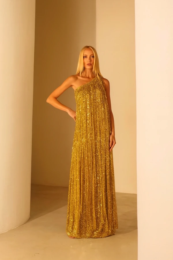 Vestido Um Ombro Só Paetês Dourado