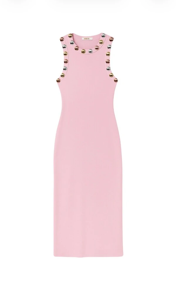 Vestido Midi Canela Rosa Detalhe Tachas