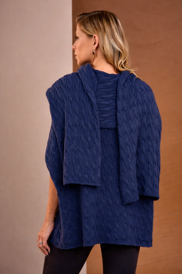 Poncho Trança Cachecol Marinho