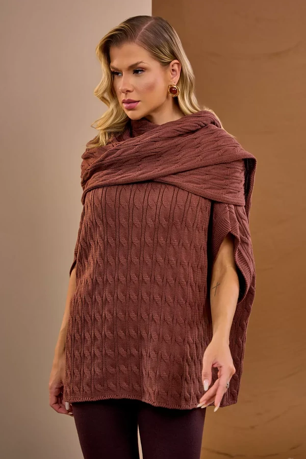Poncho Trança Cachecol Marrom