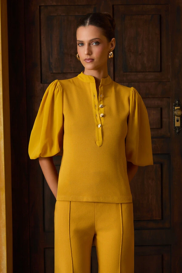 Blusa Manga Botões Decote