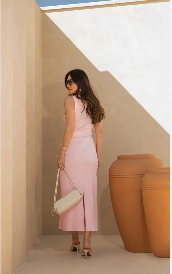 Vestido Midi Canela Rosa Detalhe Tachas