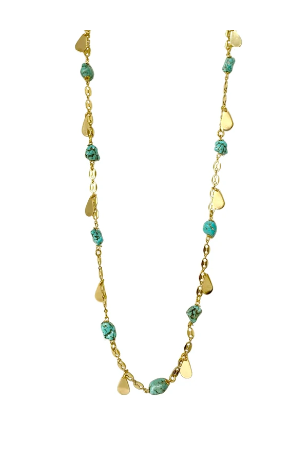Colar Longo Dourado Pingentes Turquesa