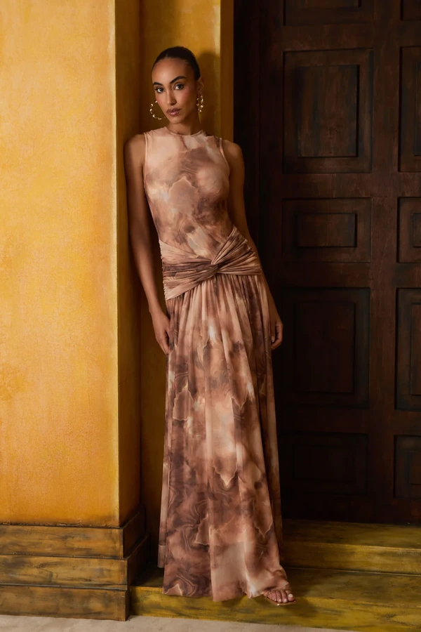 Vestido Longo Pala Drape Estampa Nuance