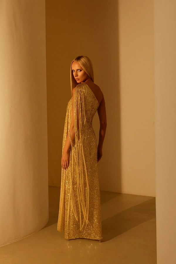 Vestido Um Ombro Só Paetês Dourado