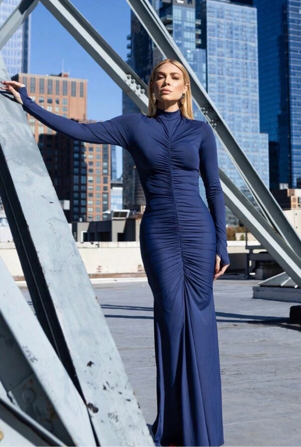 Vestido Drapeado Jersey Azul