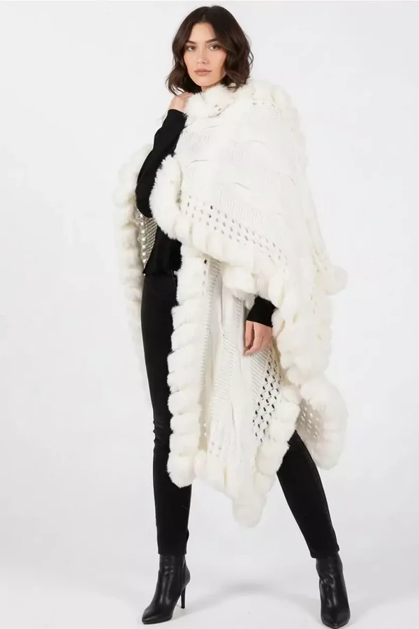 Poncho Capa Lã com Pêlo Off White