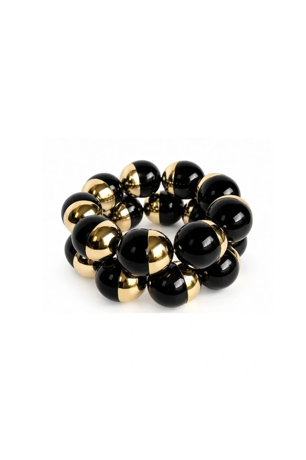 Kit Pulseiras Esferas Pretas Dourada