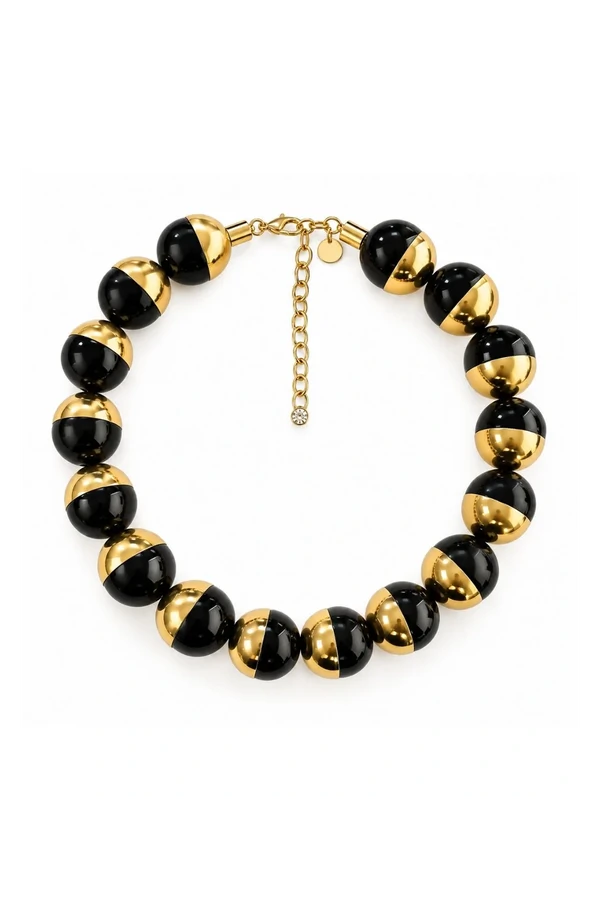 Colar Curto Esferas Preto com Dourado