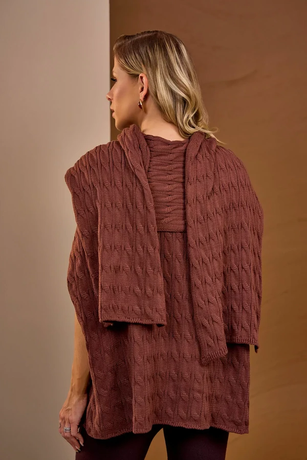 Poncho Trança Cachecol Marrom