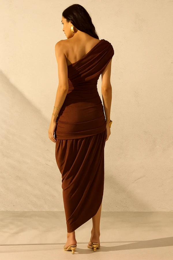 Vestido Jersey Drapeado Um Ombro