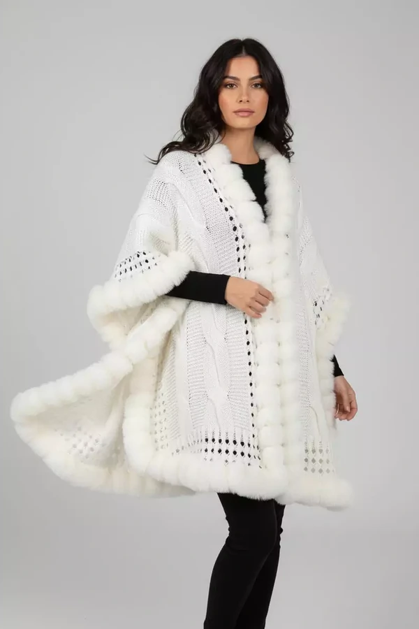 Poncho Capa Lã com Pêlo Off White