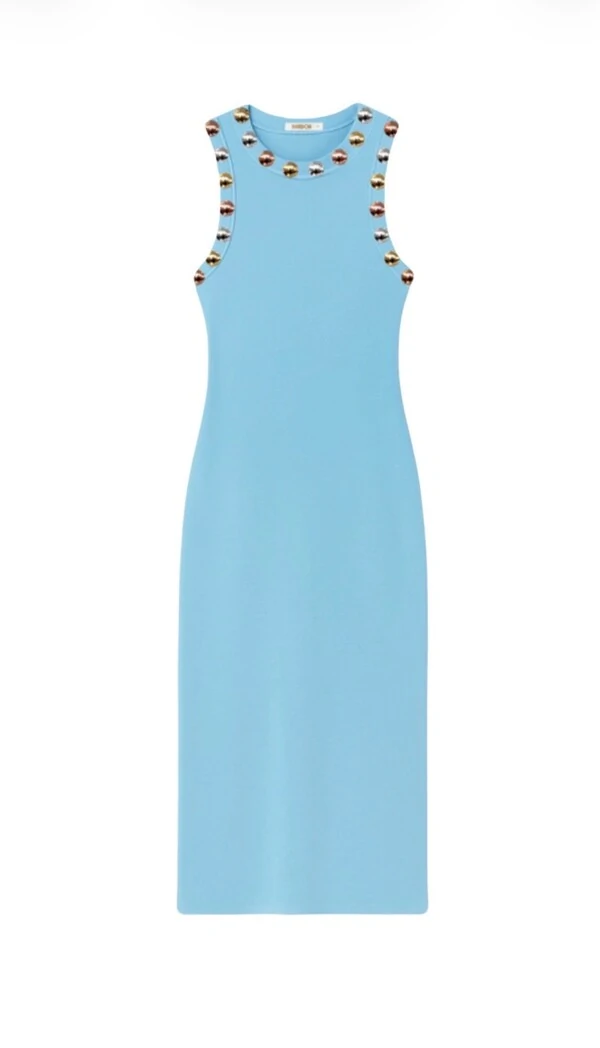 Vestido Midi Canela Azul Detalhe Tachas
