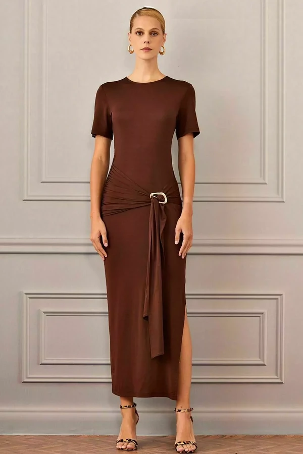 Vestido Midi Jersey Rayon Marrom