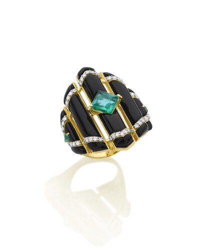 Foto Anel Onix, Esmeralda e Diamante | Ouro Amarelo 18k
