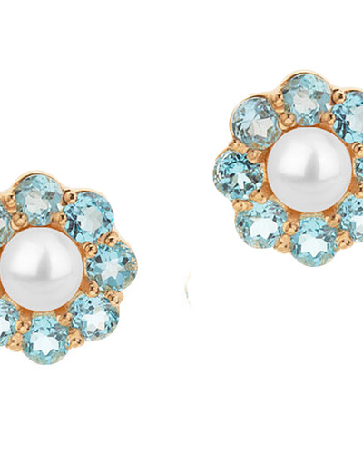 FotoBrinco Flor Pérola e Topázio Azul | Ouro Amarelo 18K