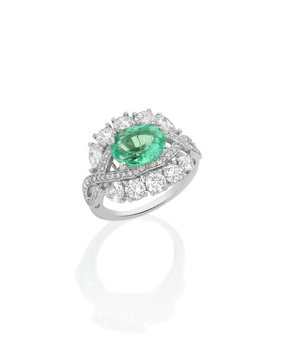 Foto Anel Esmeralda e Diamante | Ouro Branco 18k