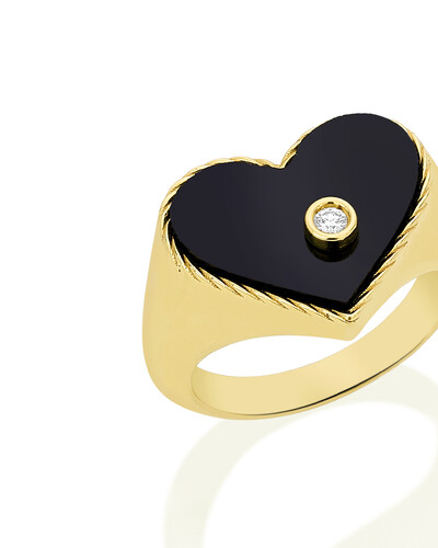 FotoAnel Coração Ônix Diamante | Ouro Amarelo 18k