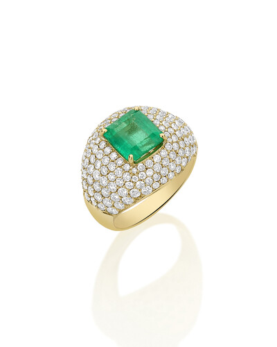 Foto Anel Bombê Pavê Diamante e Esmeralda | Ouro Amarelo 18k