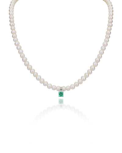 Foto Colar Pérola Esmeralda | Ouro Branco 18k