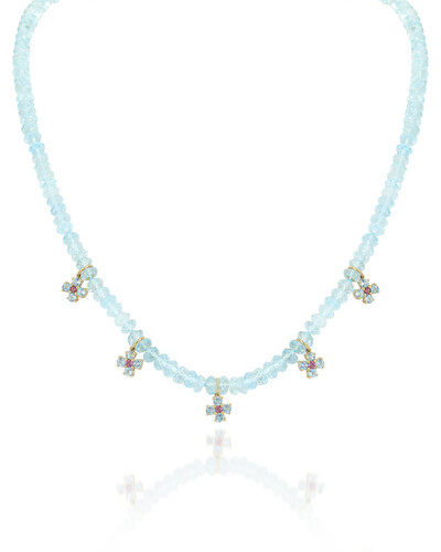 Foto Colar Água Marinha e Flores Topázio Azul | Ouro Amarelo 18K