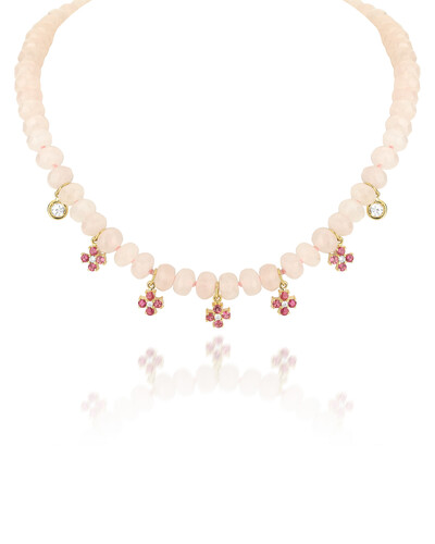 Foto Colar Quartzo Rosa e Flores Turmalina Rosa | Ouro Amarelo 18K