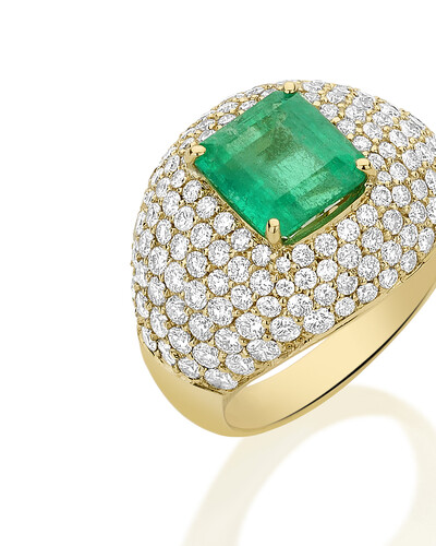Foto Anel Bombê Pavê Diamante e Esmeralda | Ouro Amarelo 18k