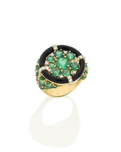 Foto Anel Onix, Esmeralda e Diamante | Ouro Amarelo 18k