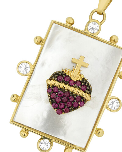 FotoPingente Sagrado Coração Madrepérola Rubi e Safira | Ouro Amarelo 18K