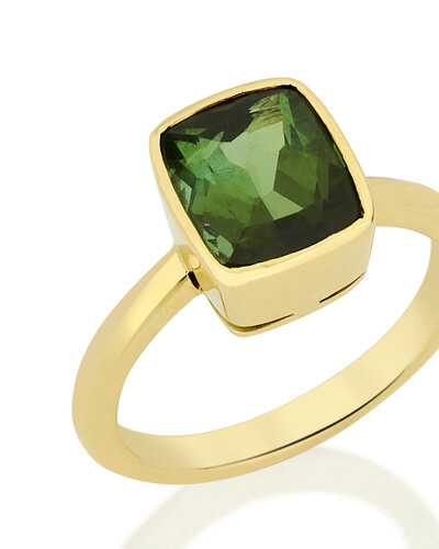 FotoAnel Turmalina Verde Retangular Cravação Inglesa | Ouro Amarelo 18k
