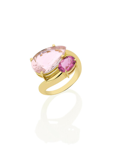 Foto Anel Morganita e Turmalina Rosa | Ouro Amarelo 18k
