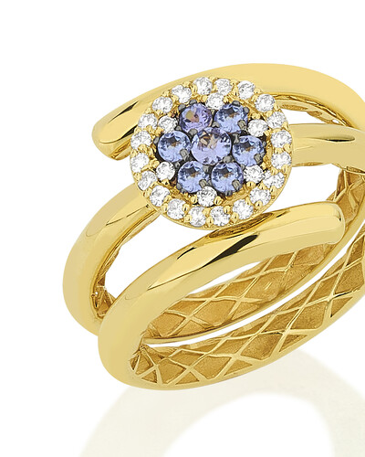 FotoAnel Espiral Flor Tanzanita Diamante | Ouro Amarelo 18k