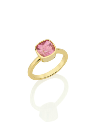 Foto Anel Turmalina Rosa Cushion Cravação Inglesa | Ouro Amarelo 18k
