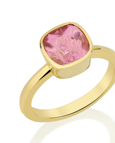 FotoAnel Turmalina Rosa Cushion Cravação Inglesa | Ouro Amarelo 18k