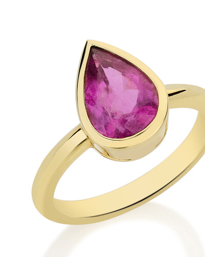 FotoAnel Gota Turmalina Rosa Cravação Inglesa | Ouro Amarelo 18K