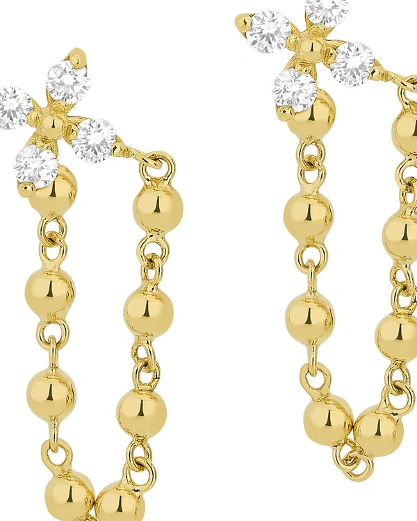 Brinco Flor Diamante Corrente Bolinha | Ouro Amarelo 18k