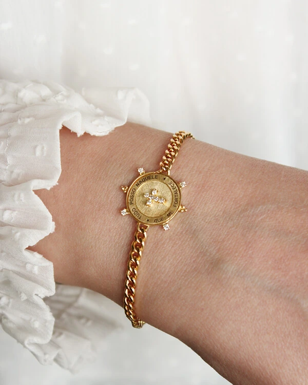 Pulseira Cruz Diamante Tudo Posso Naquele Que Me Fortalece | Ouro Amarelo 18K