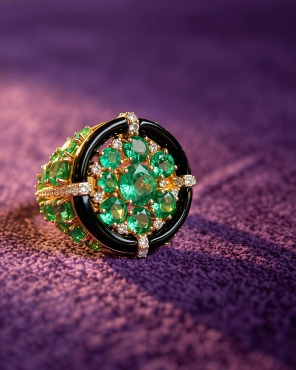 Anel Onix, Esmeralda e Diamante | Ouro Amarelo 18k