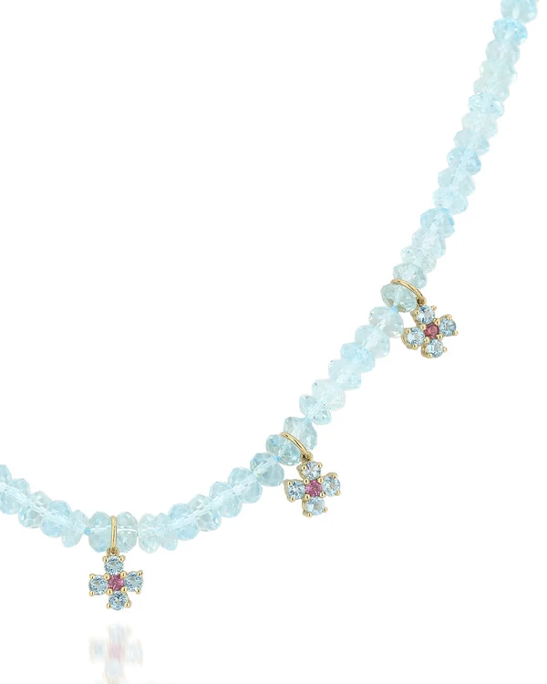 Colar Água Marinha e Flores Topázio Azul | Ouro Amarelo 18K