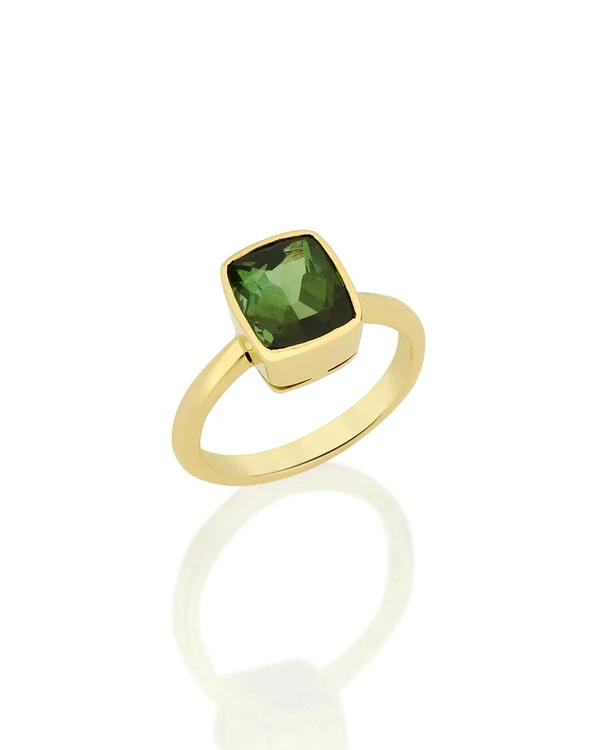 Anel Turmalina Verde Retangular Cravação Inglesa | Ouro Amarelo 18k