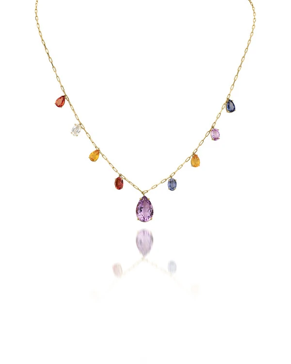 Colar Ametista e Safiras Coloridas | Ouro Amarelo 18k
