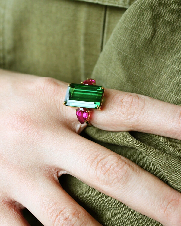 Anel Turmalina Verde e Turmalina Rosa