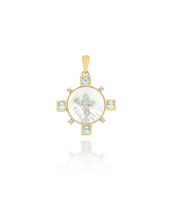 Pingente Cruz Madrepérola Topázio Azul | Ouro Amarelo 18K