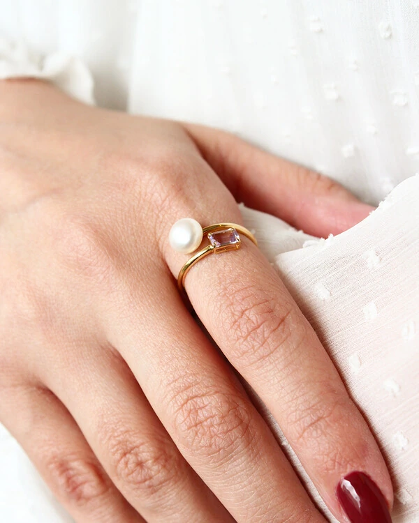 Anel Aberto Pérola Ametista | Ouro Amarelo 18K